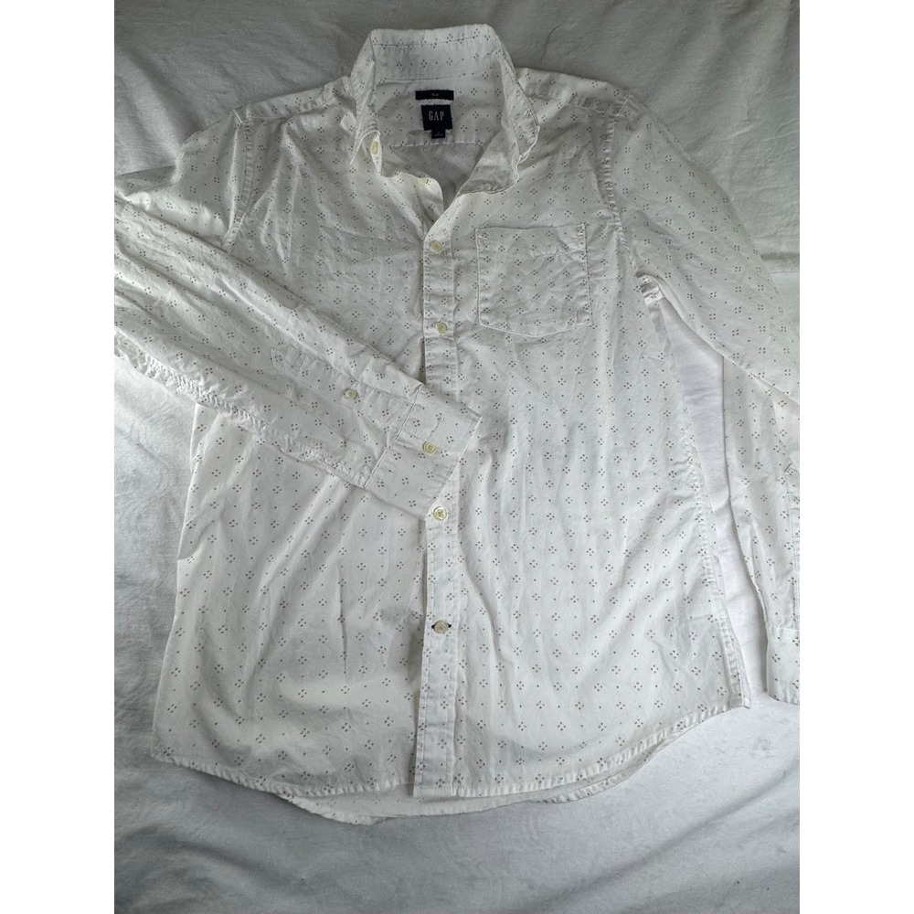 Gap Mens Slim Fit Button Down Shirt White Geometric Diamond Print Long Sleeve S